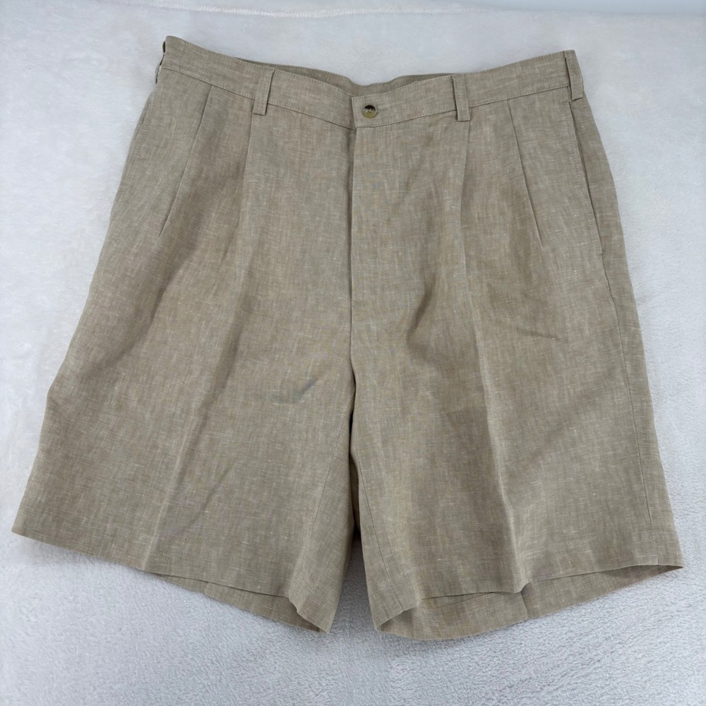Jos A Bank Travelers Collection Mens 38 Tan 100% Linen Pleated Shorts Beige